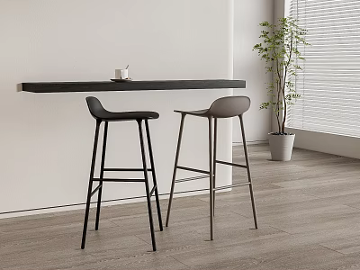 Modern Black And Grey Bar Stools By Long Counter With Potted Plant In Interior 3d model