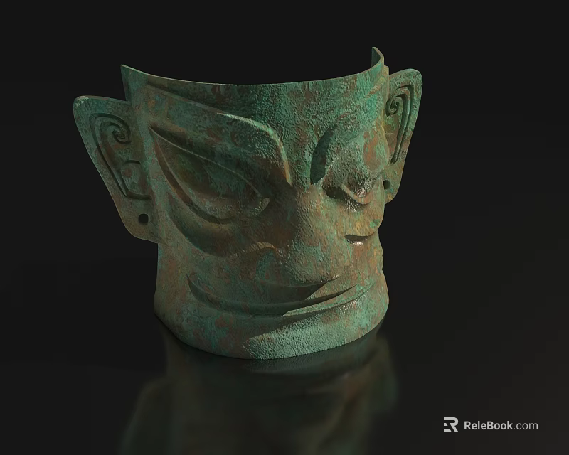 Ancient Bronze Mask With Intricate Facial Carvings And Traditional Design 3d model 