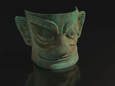 Ancient Bronze Mask With Intricate Facial Carvings And Traditional Design 3d model