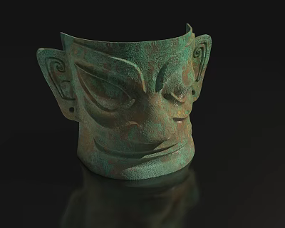 Ancient Bronze Mask With Intricate Facial Carvings And Traditional Design 3d model