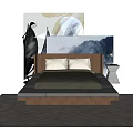 Double Bed with Wooden Headboard White Pillows Dark Bedding Nightstand Table Lamp Abstract Paintings Dark Herringbone Floor