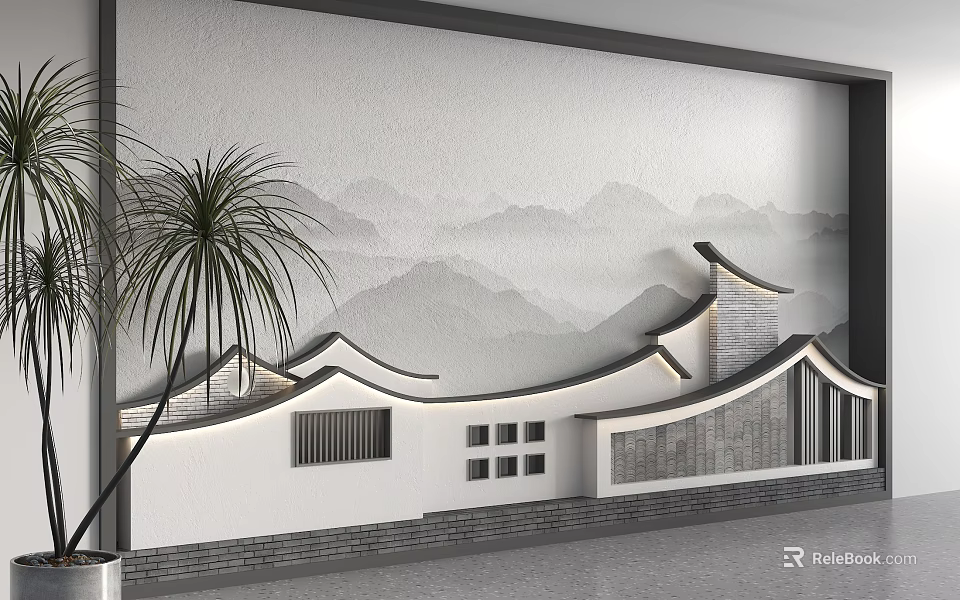 Chinese Style Background Wall With Mountain Landscape Painting And Traditional Roof Design 3d model 