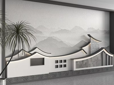 Chinese Style Background Wall With Mountain Landscape Painting And Traditional Roof Design 3d model