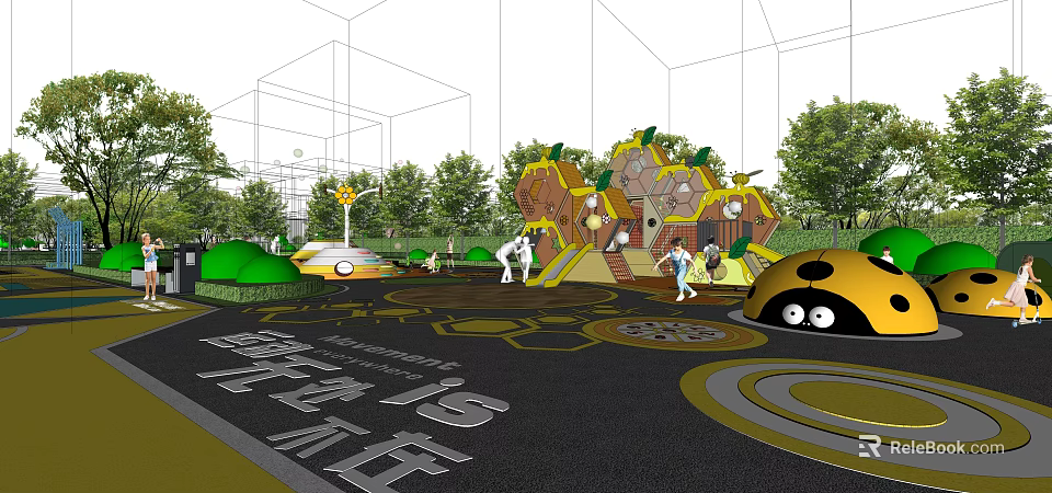 Children's Play Area Design With Honeycomb Shaped Structures Slides And Green Plants 3d model 