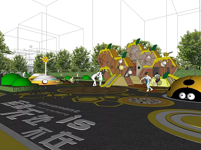 Children's Play Area Design With Honeycomb Shaped Structures Slides And Green Plants 3d model