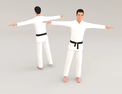 Game Movie Character In White Karate Uniform With Black Belt And Outstretched Arms Front Back Poses 3d model
