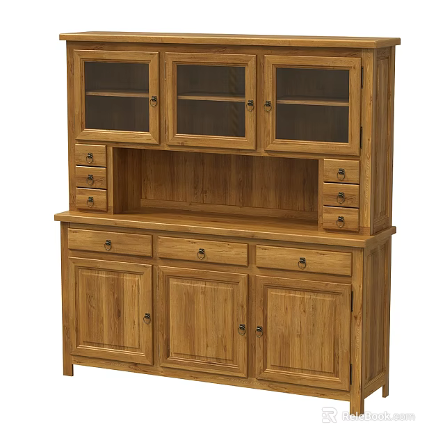 Classic Wooden Bookcase With Glass Door Cabinets Open Shelf And Bottom Storage Drawers 3d model 