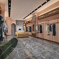 Modern Clothing Store Interior With Clothes Racks Leather Sofas Coffee Table And Shoes
