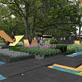 Modern Residential Landscape With Lush Trees Greenery Water Feature Flower Beds And Paved Area