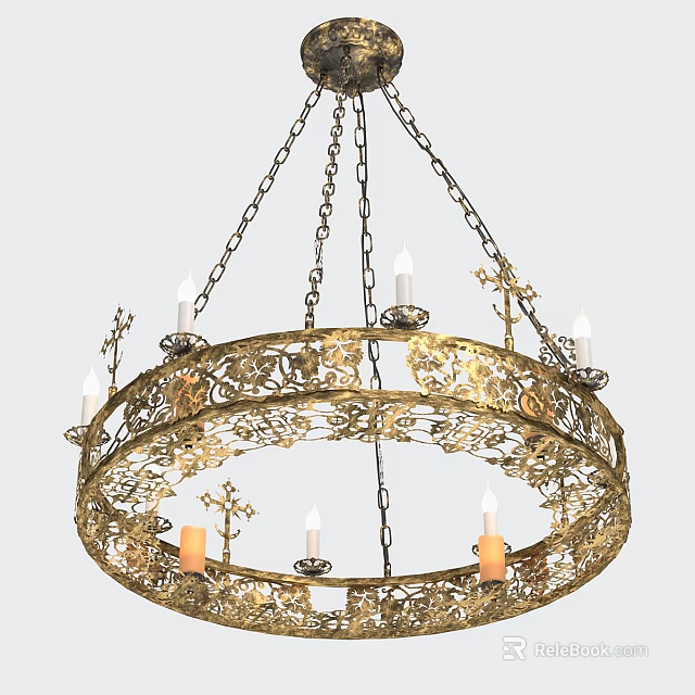 Golden Classic Chandelier With Intricate Carvings Chain Hung And Candle Shaped Lights 3d model 