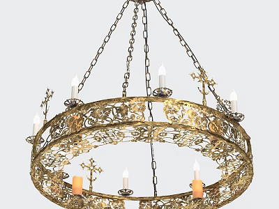 Golden Classic Chandelier With Intricate Carvings Chain Hung And Candle Shaped Lights 3d model