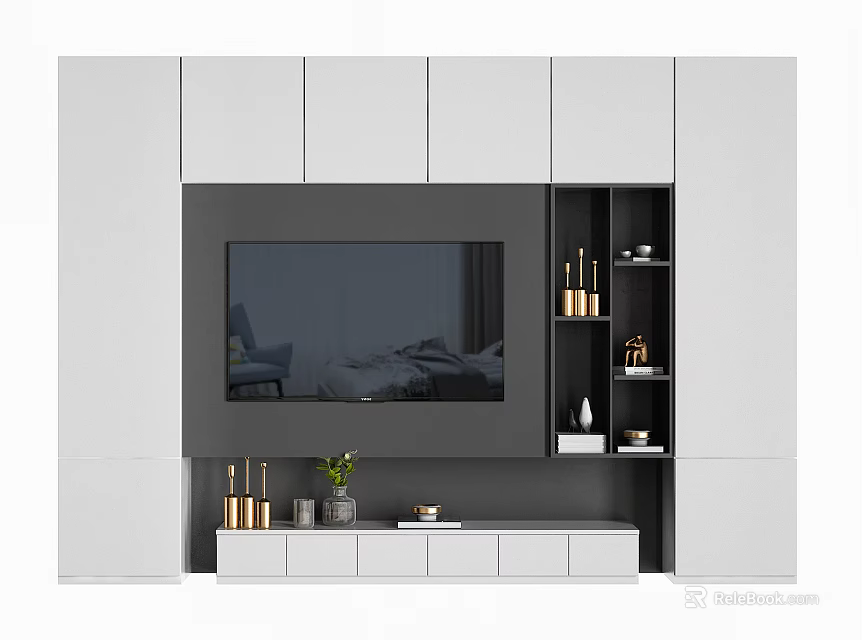 Modern TV Stand Design With White Gray Cabinets Drawers And Open Shelves 3d model 