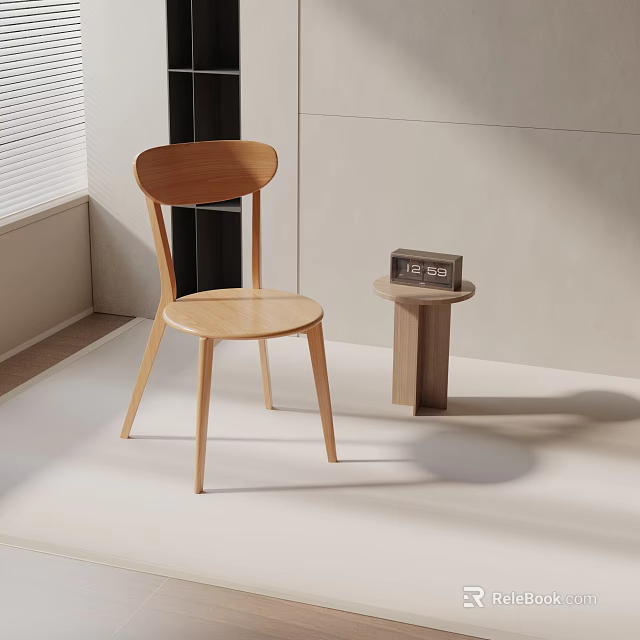 Wooden Leisure Chair With Small Side Table And Clock In Bright Indoor Room With Blinds 3d model 