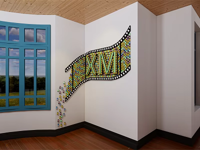 Colorful XM Film Strip Wall Decor In Modern Interior With Window And Wooden Ceiling 3d model