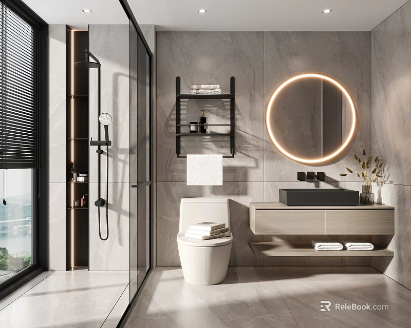 Modern Bathroom Interior With Round Illuminated Mirror Gray Walls Glass Shower And White Vanity 3d model 