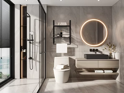 Modern Bathroom Interior With Round Illuminated Mirror Gray Walls Glass Shower And White Vanity 3d model