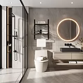 Modern Bathroom Interior With Round Illuminated Mirror Gray Walls Glass Shower And White Vanity