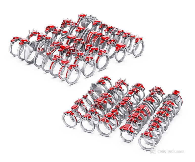 Trendy Assorted Silver Rings With Red Accents Fashion Jewelry Collection 3d model 