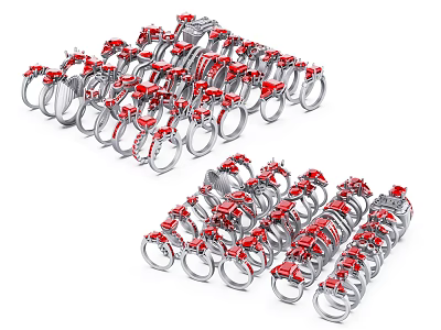 Trendy Assorted Silver Rings With Red Accents Fashion Jewelry Collection 3d model