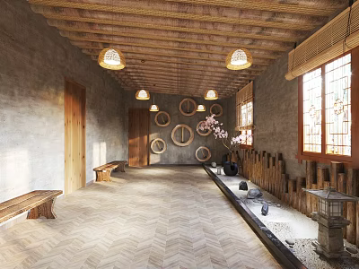 Japanese style Hotel Corridor With Wooden Ceiling Hanging Lights Concrete Walls Herringbone Floor And Wooden Benches 3d model