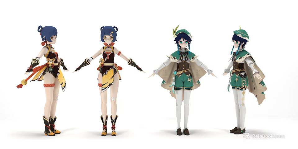 Anime Style Game And Movie Characters With Colorful Outfits And Unique Designs 3d model 