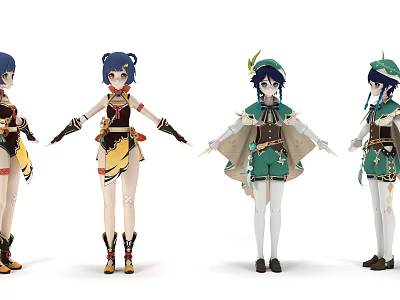 Anime Style Game And Movie Characters With Colorful Outfits And Unique Designs 3d model
