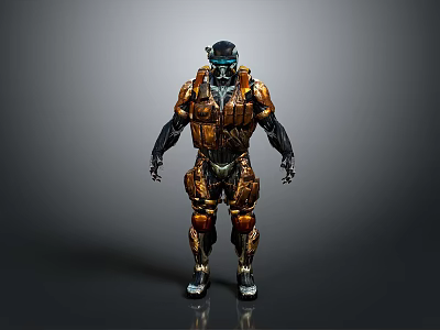Futuristic Sci Fi Armored Character With Orange Black Mechanical Suit And Helmet 3d model