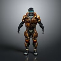 Futuristic Sci Fi Armored Character With Orange Black Mechanical Suit And Helmet
