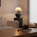 Cozy Living Room Interior With White Sofa Pillows Wooden Coffee Table Armchair And Window Blinds