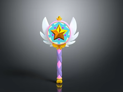Magical Wand With Wings Star Center Golden Crown Top And Purple Pink Handle 3d model