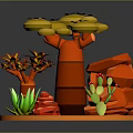 3D Model Plants Scene with Red Trunks Yellow Leaves Green Cacti and Red Rocks