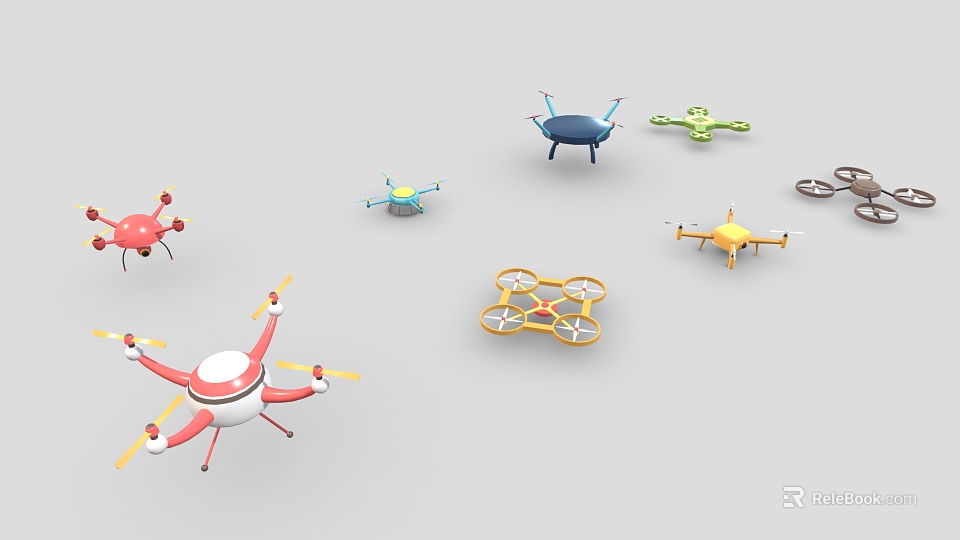 Colorful Helicopters in Red White Blue Green Yellow with Four Propellers and Complex Designs 3d model 