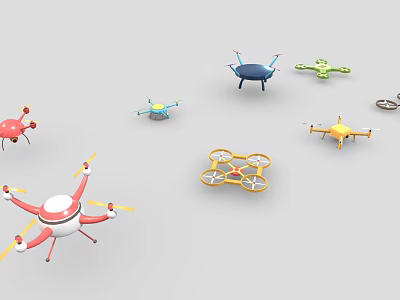 Colorful Helicopters in Red White Blue Green Yellow with Four Propellers and Complex Designs 3d model