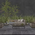 Modern Natural Sofa Coffee Table Combination With Rattan Chairs Green Plants And Gray Wall