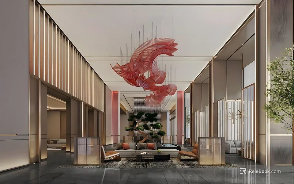 Modern Hotel Lobby With Red Artistic Chandelier Wooden Striped Walls And Green Plant Decoration 3d model 