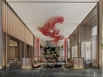 Modern Hotel Lobby With Red Artistic Chandelier Wooden Striped Walls And Green Plant Decoration 3d model