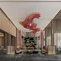 Modern Hotel Lobby With Red Artistic Chandelier Wooden Striped Walls And Green Plant Decoration