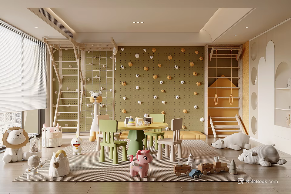 Fun Kids Playroom With Toys Climbing Wall Ladders And Chairs 3d model 