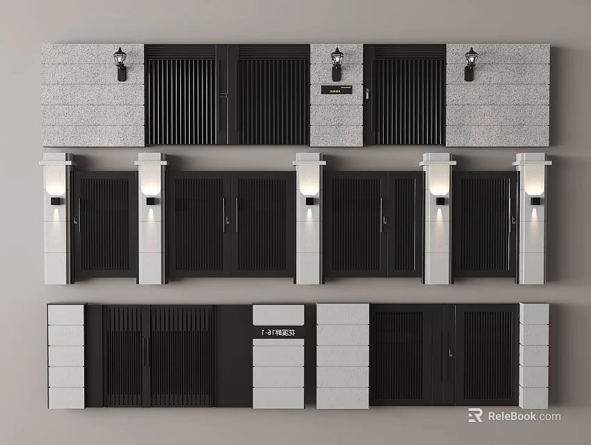 Different Modern Exterior Door Designs With Black Panels And White Frames 3d model 