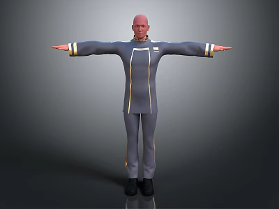 Game Movie Character With Bald Head In Gray Uniform And Gold Accents Standing Arms Outstretched 3d model