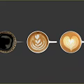 Three Cups of Coffee with Latte Art in Various Material Mugs on Dark Background
