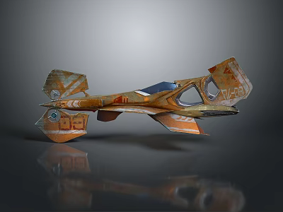 Worn Orange Retro Futuristic Spaceship With Damaged Wings And Transparent Cockpit 3d model