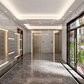 Modern Elevator Hallway With Marble Floor Glass Doors Mailboxes Ceiling Lights And Greenery 3d model