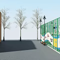 Outdoor Olympic Ice Rink With COC Logo Fencing Street Lamps And Benches