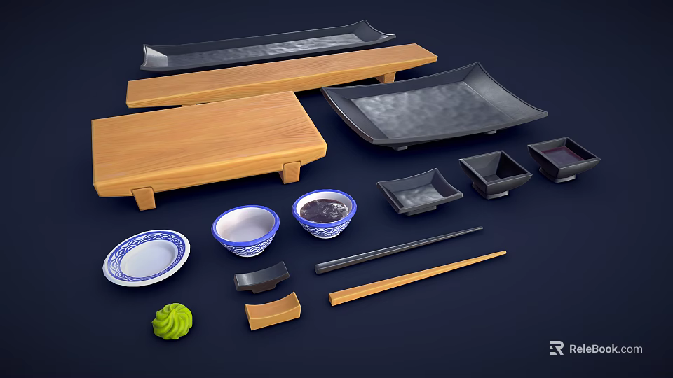 Tableware Set Featuring Wooden Trays Ceramic Bowls Chopsticks and Small Dishes 3d model 
