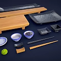 Tableware Set Featuring Wooden Trays Ceramic Bowls Chopsticks and Small Dishes