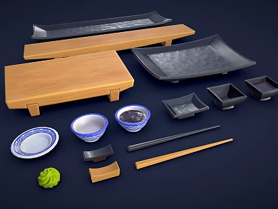 Tableware Set Featuring Wooden Trays Ceramic Bowls Chopsticks and Small Dishes 3d model