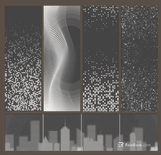 Modern Room Divider With Wavy Lines Dotted Patterns And Urban Silhouette Design 3d model 