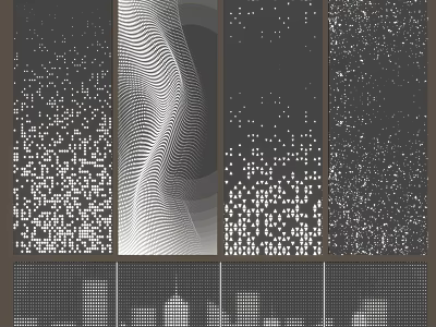 Modern Room Divider With Wavy Lines Dotted Patterns And Urban Silhouette Design 3d model