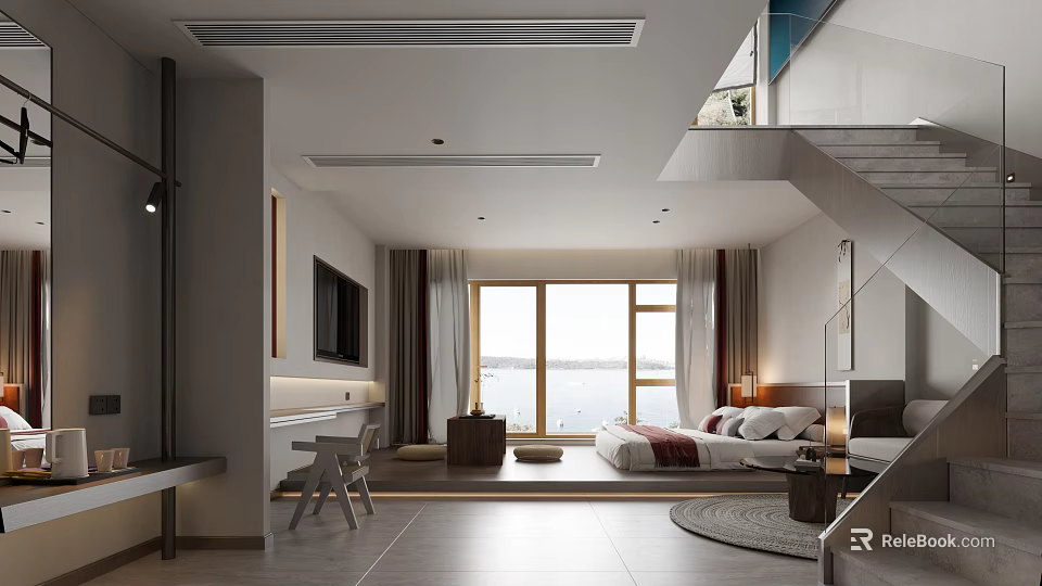 Modern Hotel Room Interior With King Bed Large Window Lake View And Work Desk 3d model 